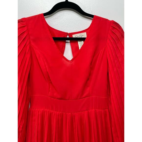 Jessica Simpson Pleated Smocked Long Sleeve Mini A-Line Dress Red Women's Small - Picture 3 of 9
